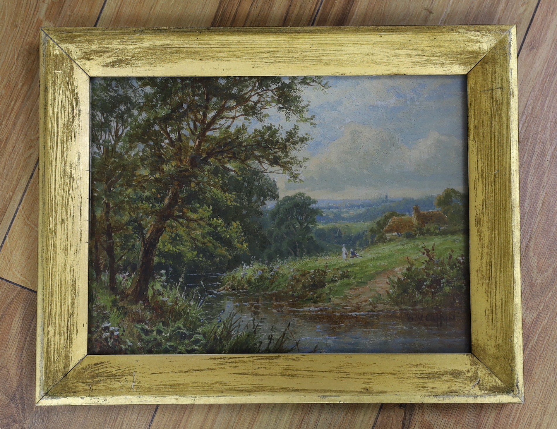 Walter Wallor Caffyn (1845-1898), oil on canvas, River landscape with picnickers, signed, 22 x 29cm